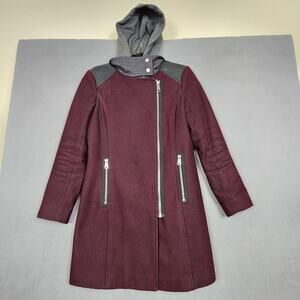 Marc New York Andrew Marc Coat Womens 2 Burgundy Wool Blend Hooded Asym Zip